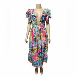 NWT J. Marie Sz M  Sloane Mixed Print  V-Neck Short Sleeve Bow Midi A-Line Dress